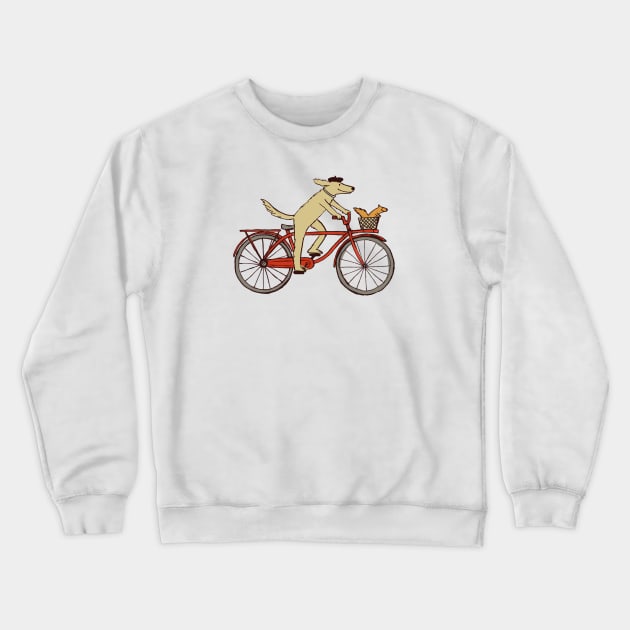 Cycling Dog with Squirrel Friend | Whimsical Animal Art Crewneck Sweatshirt by Coffee Squirrel